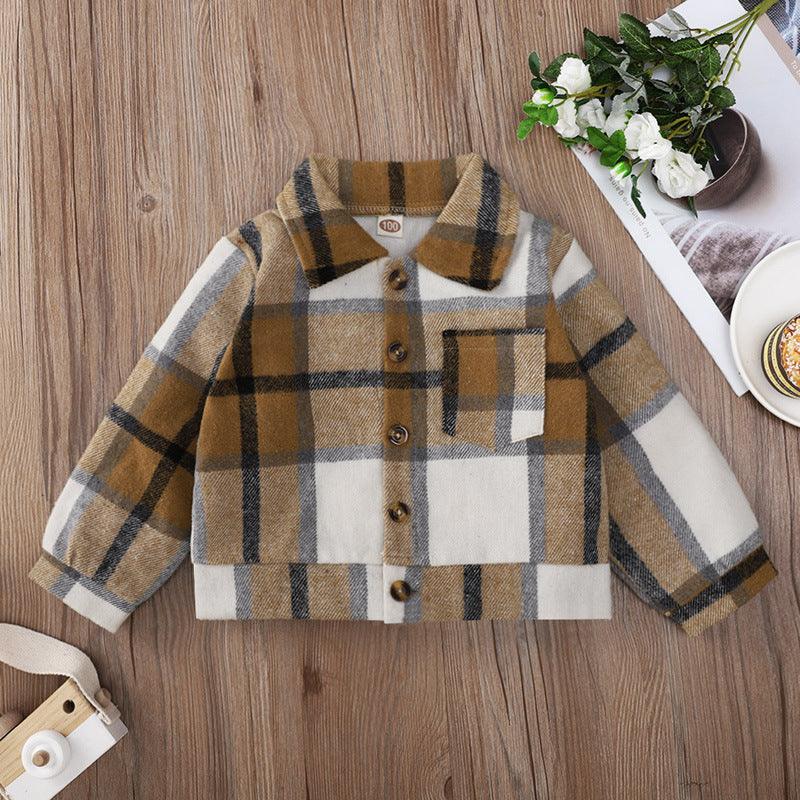 Toddler Kids Boys' Brown Plaid Printed Long Sleeve Coat - PrettyKid