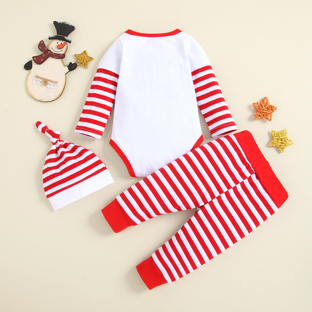 Toddler Kids Long Sleeved Jumpsuit Striped Trousers Three Piece Christmas Suit - PrettyKid