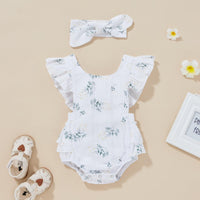 Baby Girls Solid Cotton Floral Print Fly Sleeveless Bodysuit Butterfly Tie Set - PrettyKid