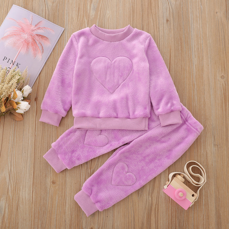 Toddler Kids Girls' Solid Color Love Plush Long Sleeved Sweater Pants Set - PrettyKid