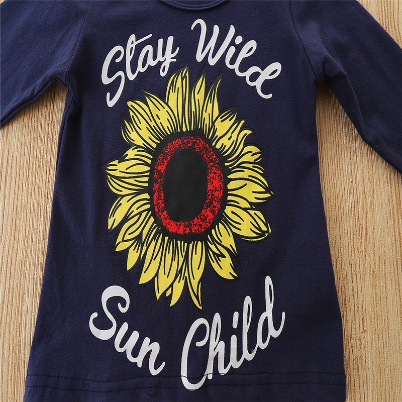 Toddler Kids Girls Solid Letter Top Stripe Sunflower Flared Pants Set - PrettyKid