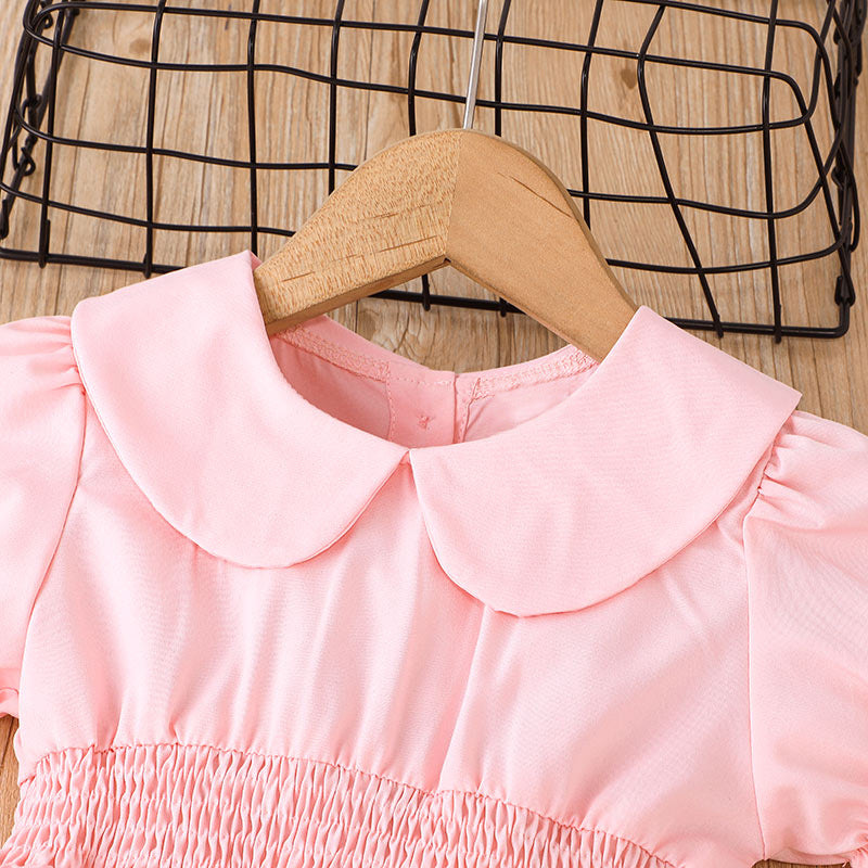 Kids Girls Summer Pink Doll Collar Elastic Waist Bubble Sleeve Long Dress - PrettyKid