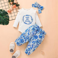 Baby Girls Solid Letter Long Sleeve Jumpsuit Floral Print Pants - PrettyKid