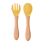 Children's Wooden Handle Silicone Spoon Fork Tableware - PrettyKid