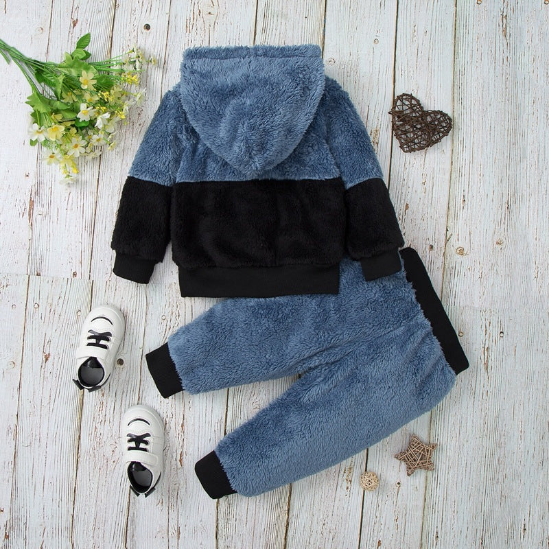 Toddler Kids Autumn Winter Sweater Solid Color Hooded Pullover Sports Suit - PrettyKid