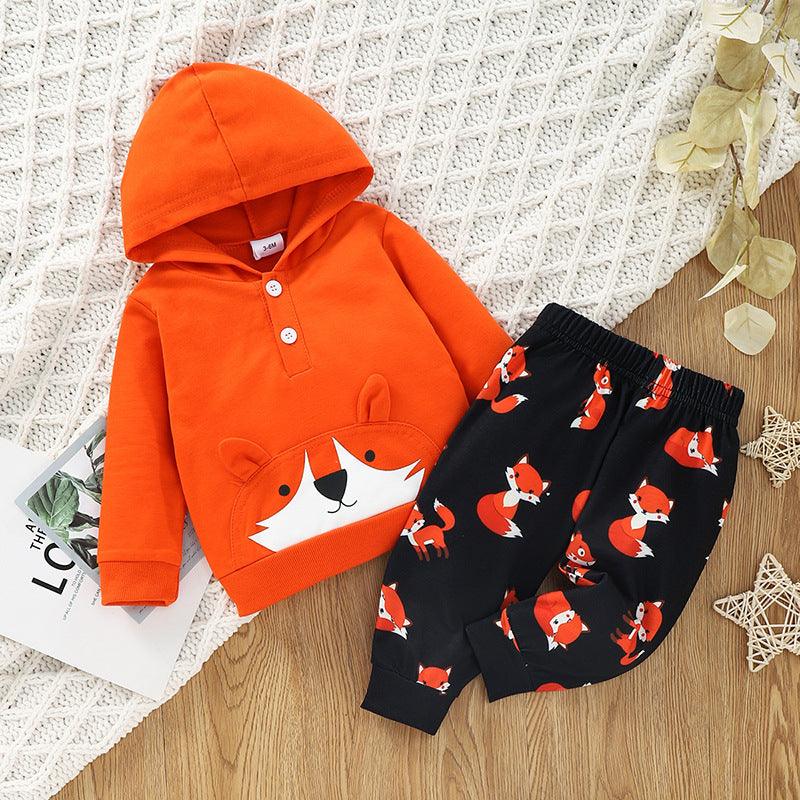 Toddler Boys Girls Solid Color Cartoon Print Hooded Long Sleeved Sweatshirt Set - PrettyKid