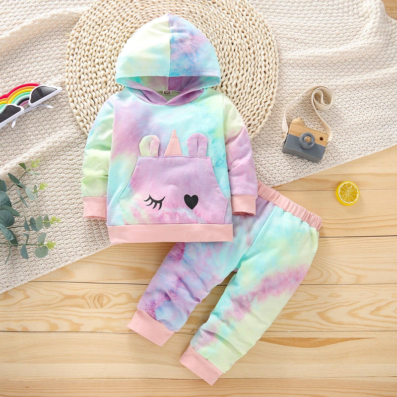 Toddler Girls Cute Cartoon Tie-dye Long-sleeved Hooded Two-piece Suit - PrettyKid