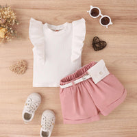 Spring and Summer Cotton Pit Strip Flying Sleeve Top Solid Color Shorts with Waist Bag Girls Suit