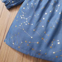 Toddler Kids Girls Solid Star Print Denim Long Sleeve Dress - PrettyKid