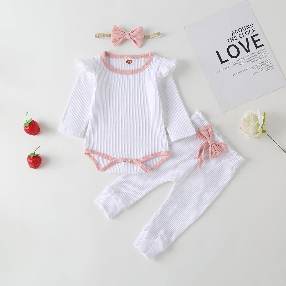 Baby Girls Solid Cotton Bow Jumpsuit Pants Three Piece Set - PrettyKid