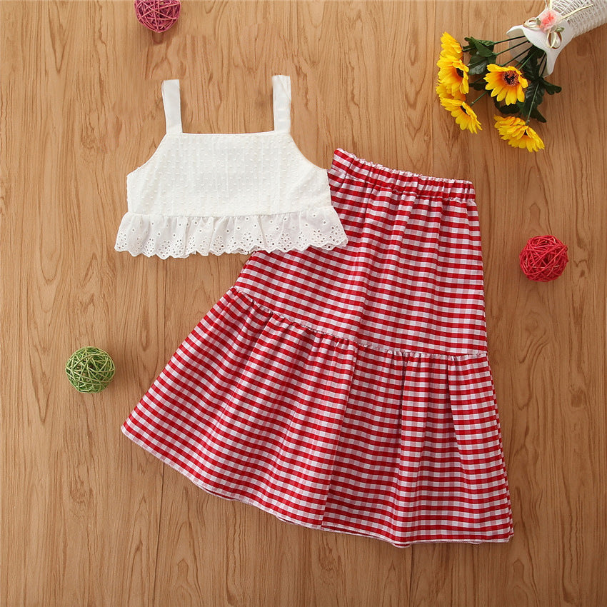 Toddler Kids Girls Solid Lace Suspender Plaid Skirt Set Wholesale Girls Dresses - PrettyKid