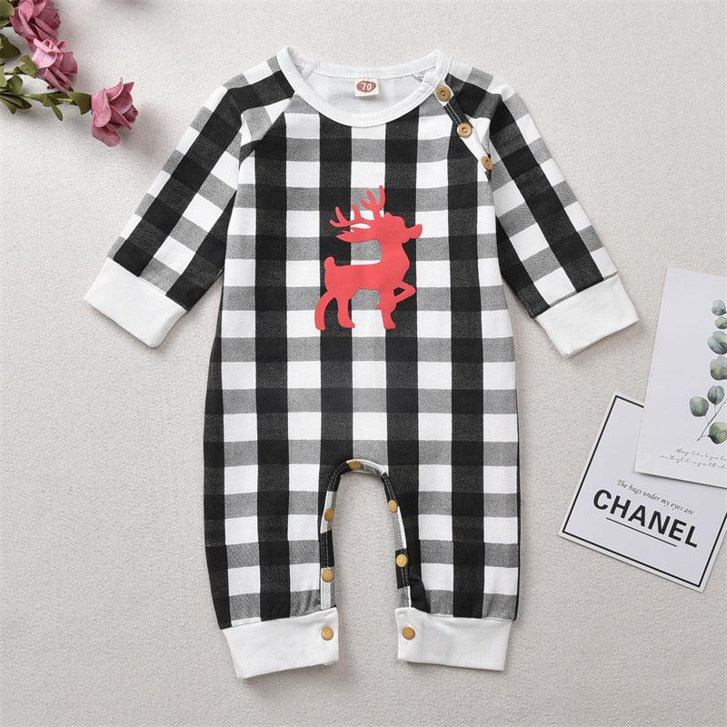 Baby Boys Girls Plaid Print Christmas Deer Long-sleeved Jumpsuit - PrettyKid