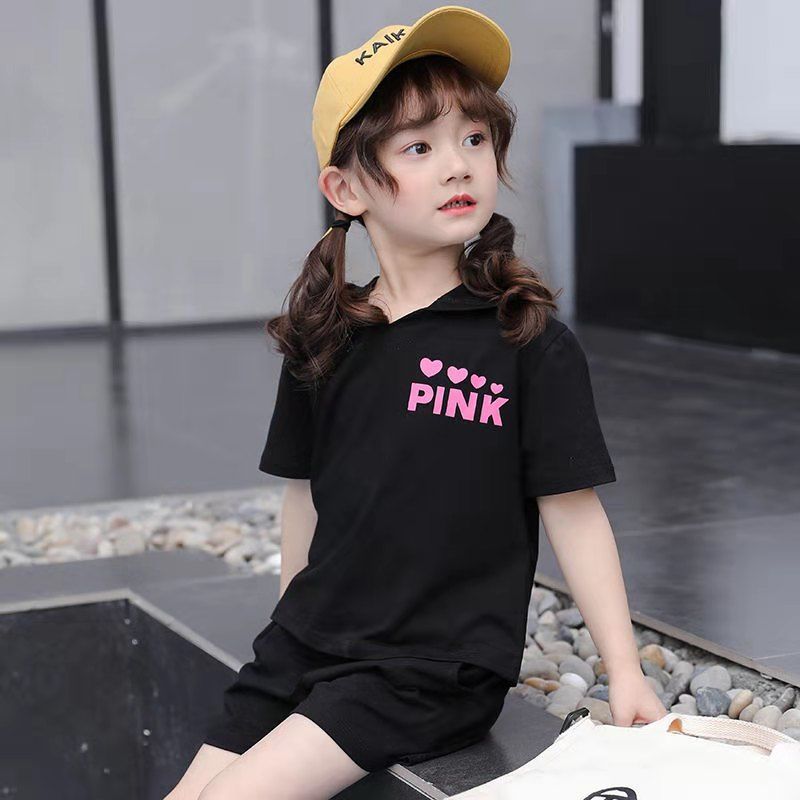 Girl Solid Letter Print V-neck T-Shirt Top Shorts Summer Hoodie Sportswear - PrettyKid