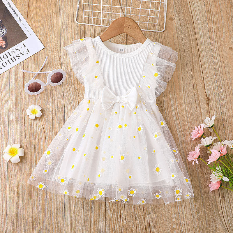 Toddler Kids Girl Solid Sleeveless Daisy Print Mesh Dress - PrettyKid