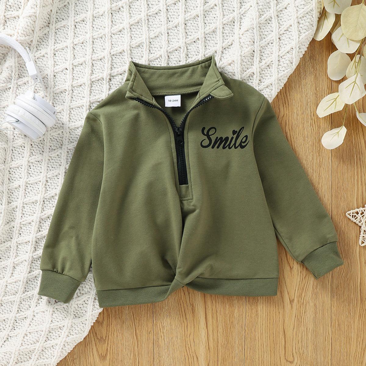 Toddler Kids Boys Girls Solid Color Letter Print Zipper Long Sleeve Suit - PrettyKid