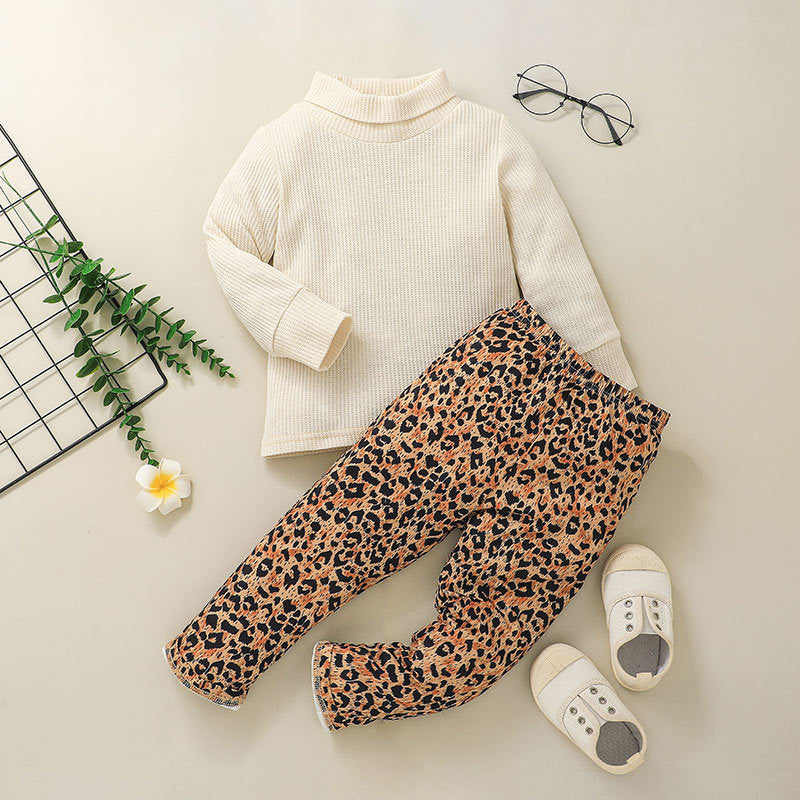 Toddler Kids Girls' Solid Color High Collar Top Leopard Print Pants Set - PrettyKid