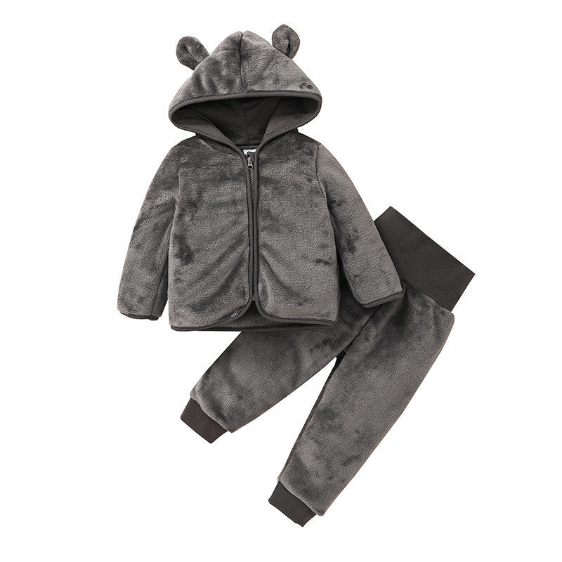 Toddler Boys Girls Solid Cartoon Fluffy Hooded Zipper Set - PrettyKid