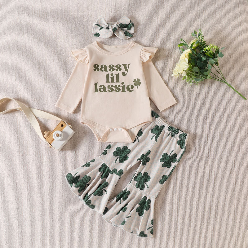 Four Leaf Grass St. Patrick's Day Letter Flying Sleeve Romper Trumpet Trousers Girls' Suit - PrettyKid