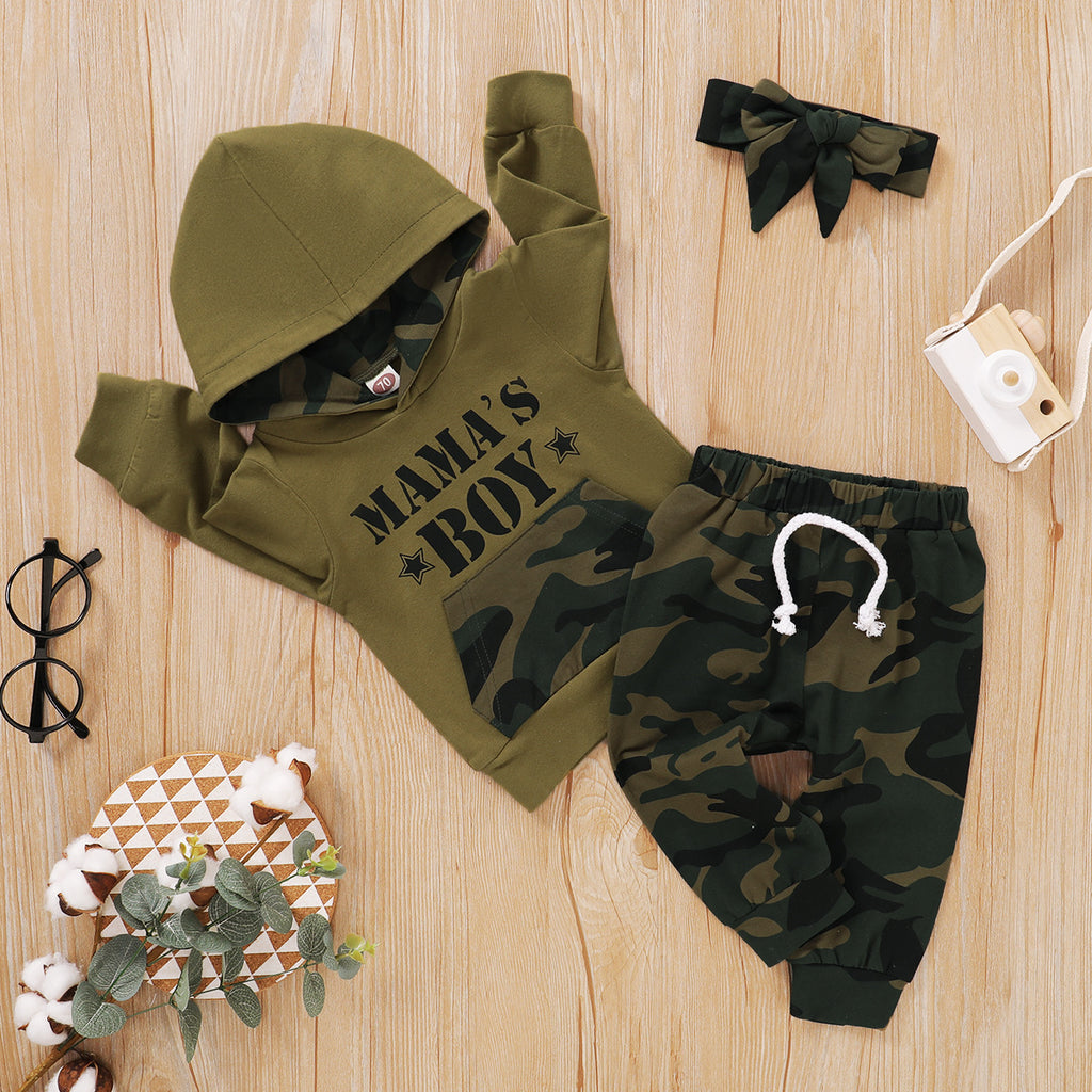Boys' Letter Hooded Pocket Long Sleeve Camouflage Sweater Set - PrettyKid