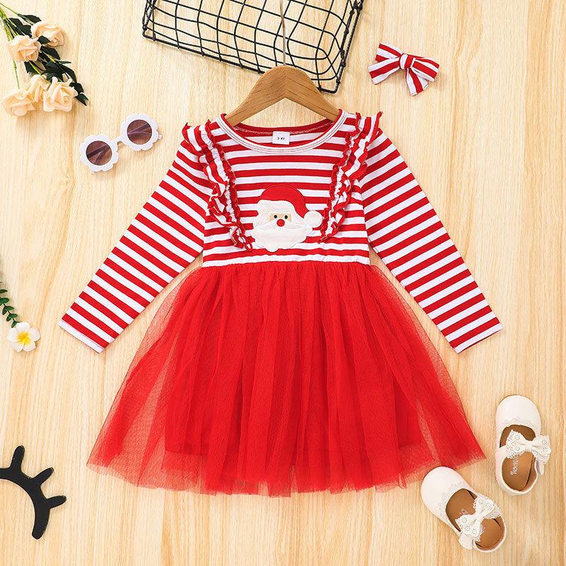 Christmas Dress Girl's Long Sleeve Striped Mesh Dress Skirt - PrettyKid