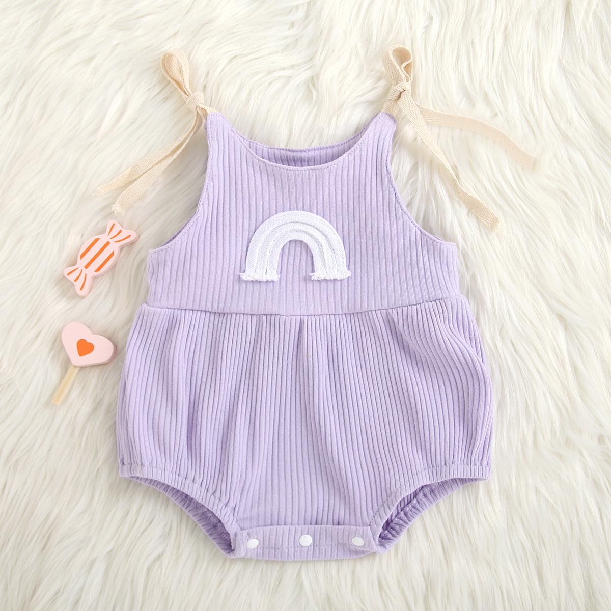 Baby Boys Girls Solid Color Knitted Rainbow Embroidery Suspender Bodysuit - PrettyKid