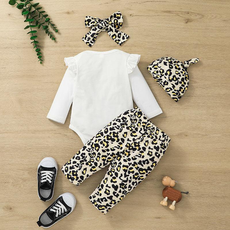 Baby Girls Solid Letter Printed One-piece Clothes Leopard Pants Set - PrettyKid