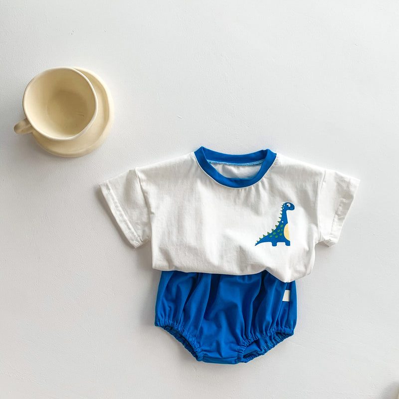 Toddler Boys Solid Cotton Cartoon Dinosaur Short Sleeve T-shirt Solid Triangle Shorts Set - PrettyKid