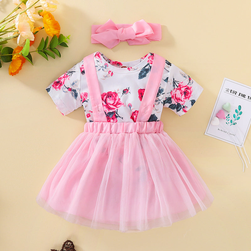 Baby Girls Flower Print Short Sleeve Baby Jumpsuit Solid Color Suspender Skirt Headband Set - PrettyKid