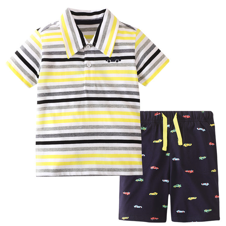 Toddler Kids Boys Color Stripe Short Sleeve Cotton Lapel Shirt Dinosaur Print Shorts Set - PrettyKid
