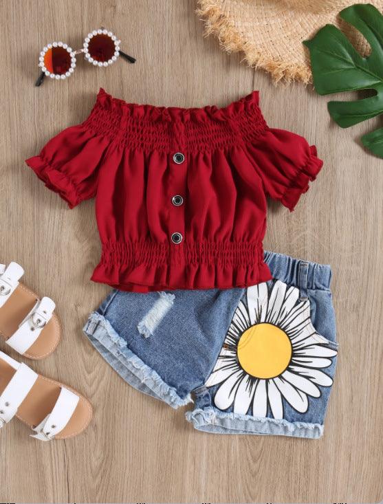 Slotted Collar Hole Flower Denim Short Girls Suit