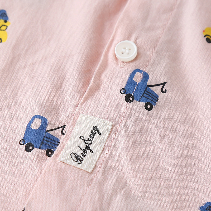 Toddler Kids Boys Pink Cartoon Car Print Long Sleeve Shirt - PrettyKid
