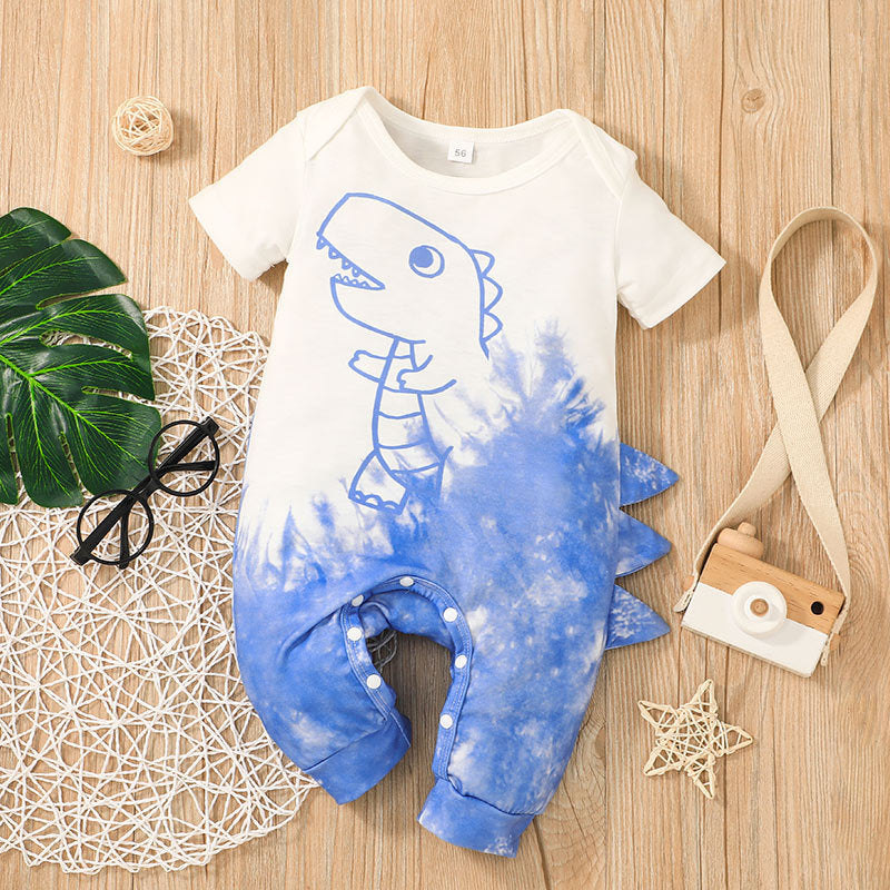 Baby Boys Solid Colour Cartoon Dinosaur Print Short Sleeve Jumpsuit - PrettyKid