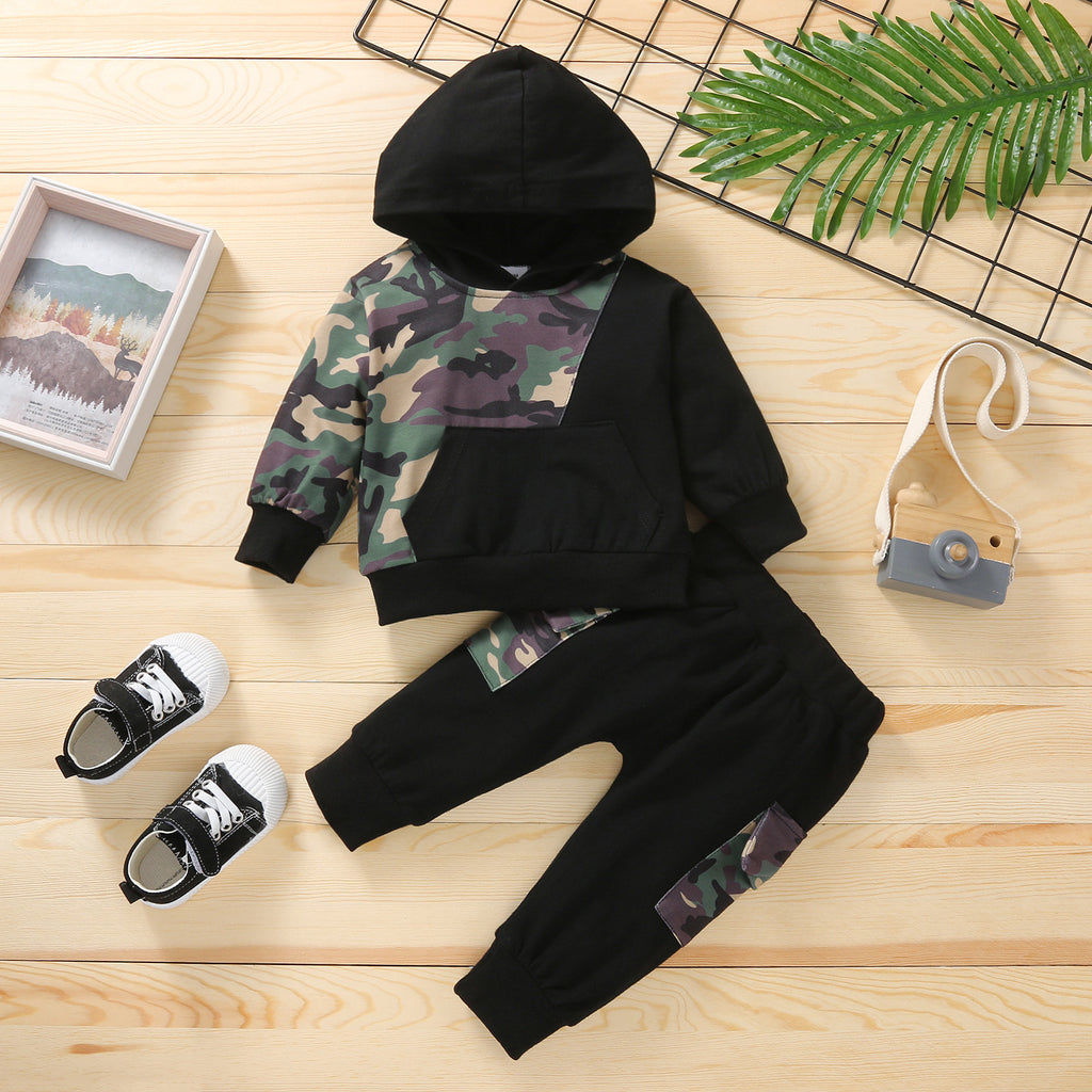 Toddler Boys' Hooded Long Sleeved Pants Camouflage Stitching Casual Set Children's Boutique Clothing Suppliers - PrettyKid