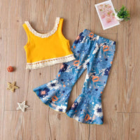 Toddler Kids Girl Solid Sleeveless Lace Patchwork Top Print Flared Pants Set - PrettyKid