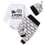 Baby Boys Solid Cartoon Elephant Print Long Sleeve Romper Trousers Hat Three Piece Set - PrettyKid