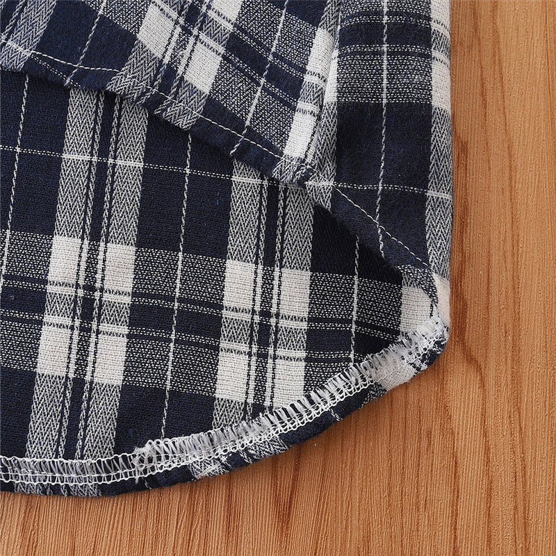 Children Girls' Plaid Long Sleeve Shirt Skirt + PU Leather Vest Two-piece Set - PrettyKid