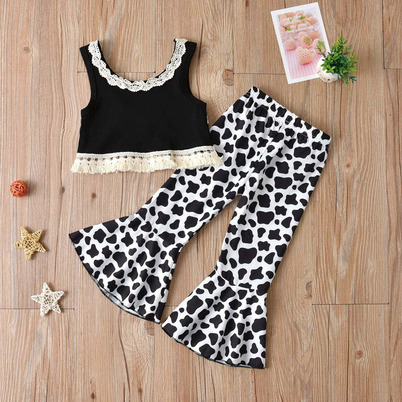 Toddler Kids Girl Solid Sleeveless Lace Patchwork Top Print Flared Pants Set - PrettyKid