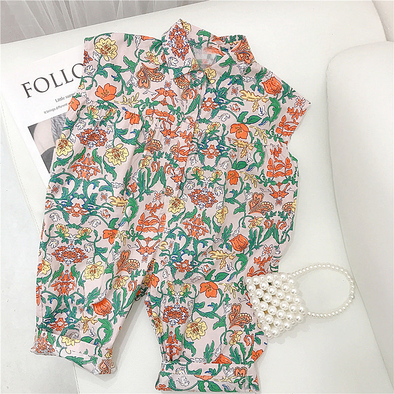 9M-6Y Toddler Girl Jumpsuit Floral Loose Casual Lapel Buttoned Sleeveless Wholesale Toddler Clothing - PrettyKid