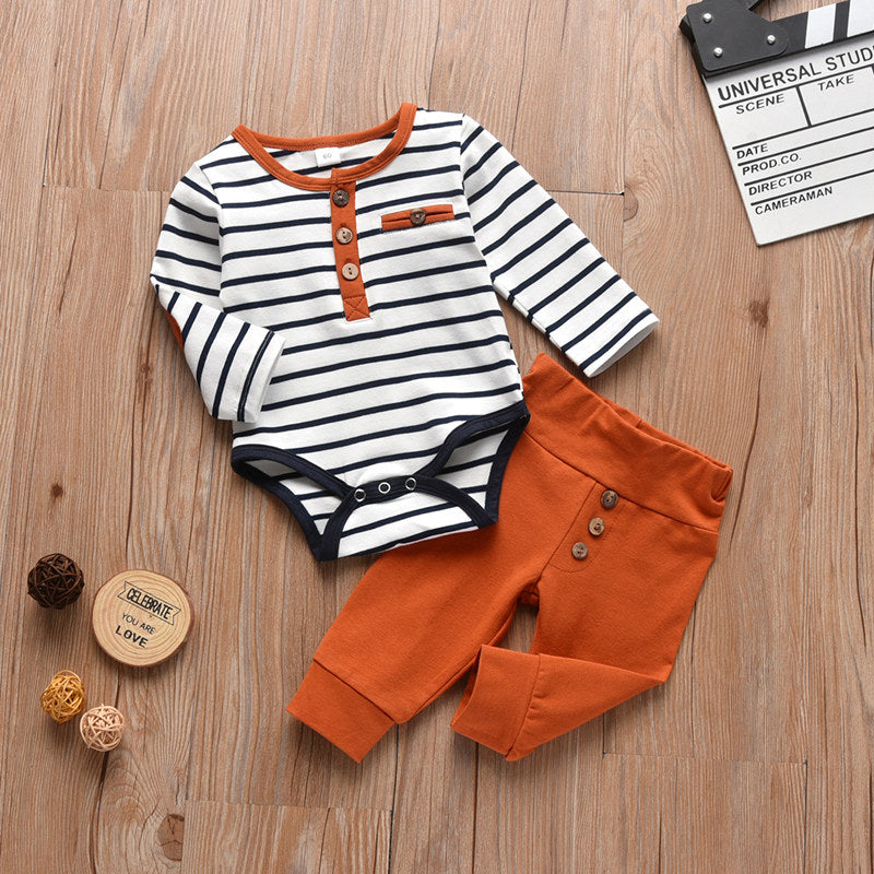 Baby Boys Round Neck Striped Print Long Sleeved Suit - PrettyKid