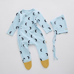 Baby Boys Girls Solid Color Cute Print Long-sleeved Wrapped Feet Jumpsuit Cap Pajamas Set - PrettyKid