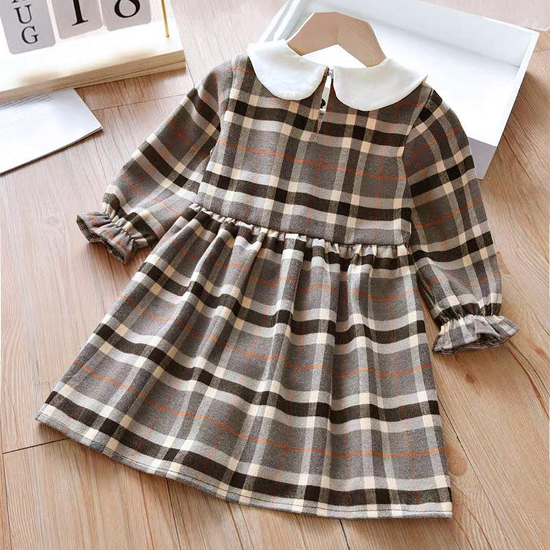 Children Girl's Doll Neck Plaid Long Sleeve Dress - PrettyKid