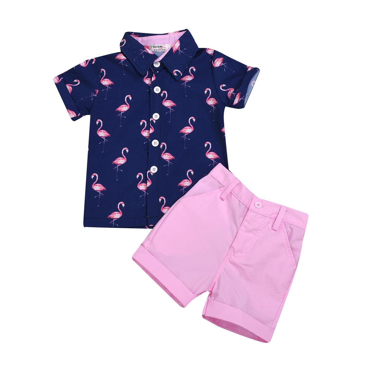 Toddler Kids Boys Flamingo Print Short Sleeve Gentleman Suit - PrettyKid