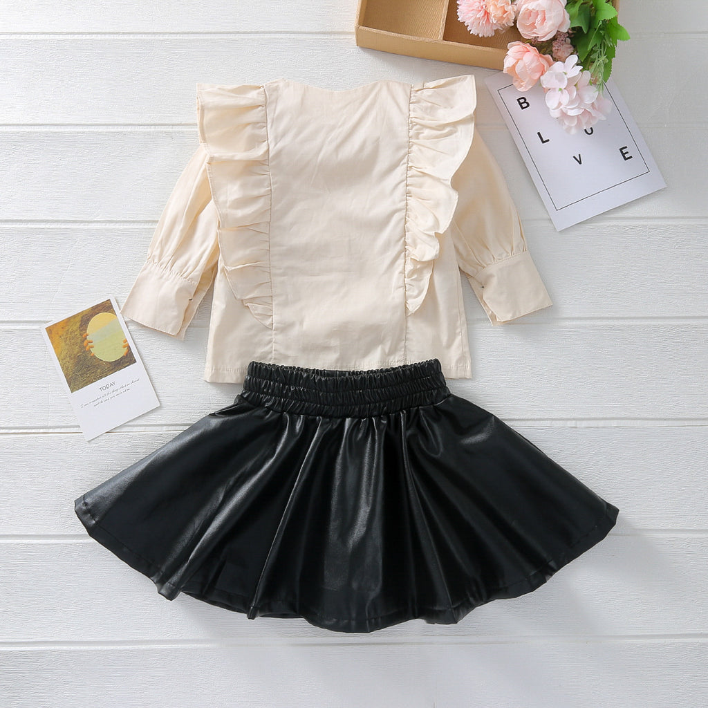 Toddler Kids Girls' Long Sleeve Ruffle Round Neck Shirt Leather Skirt Set - PrettyKid