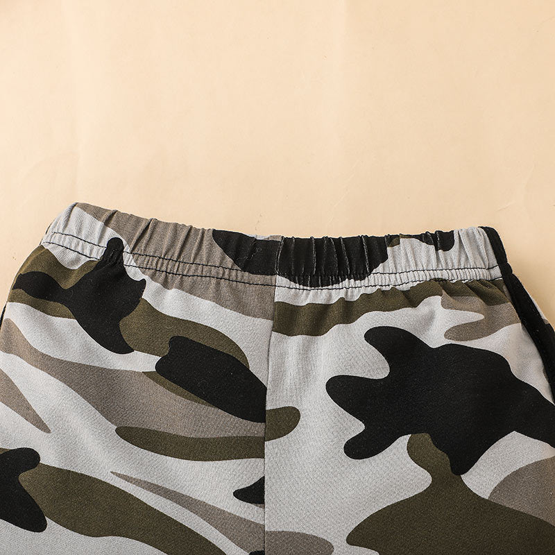 Toddler Kids Girl Solid Letter Print Suspender Top Camouflage Shorts Sportswear - PrettyKid