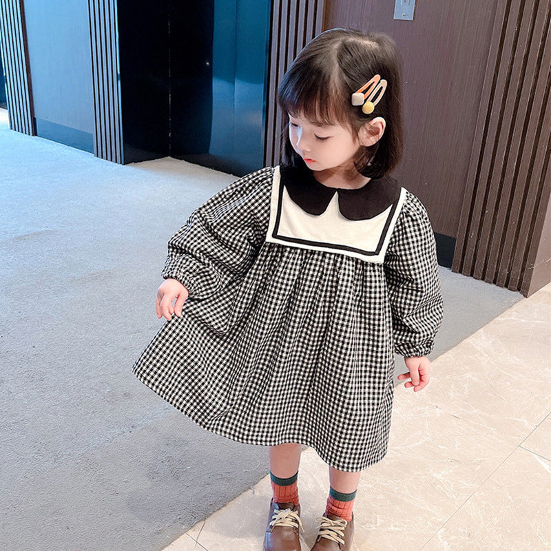 Toddler Kids Plaid Print Doll Collar Long Sleeve Dress - PrettyKid