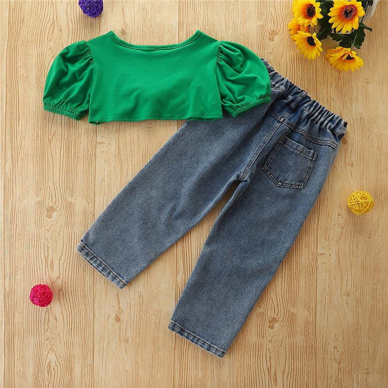 Toddler Kids Girls Green Short Navel Exposed Short Sleeve Top Jeans Set - PrettyKid