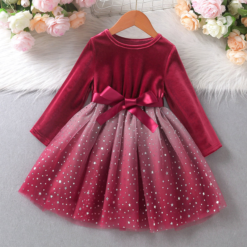 Toddler Kids Girls Solid Color Velvet Stitching Mesh Long Sleeve Dress - PrettyKid