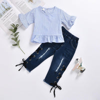 Toddler Kids Girls' Striped Long Sleeved Tops Denim Pants Set - PrettyKid