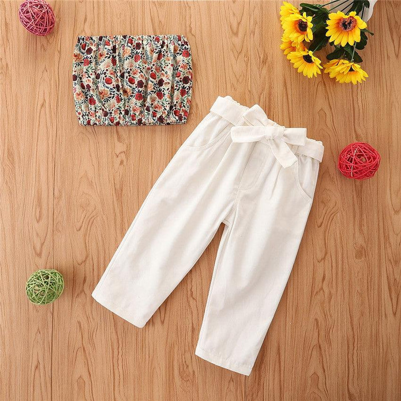 Toddler Kids Girls Printed Bra-wrapped Top with White Trouser Suit Bulk Childrens Clothing - PrettyKid