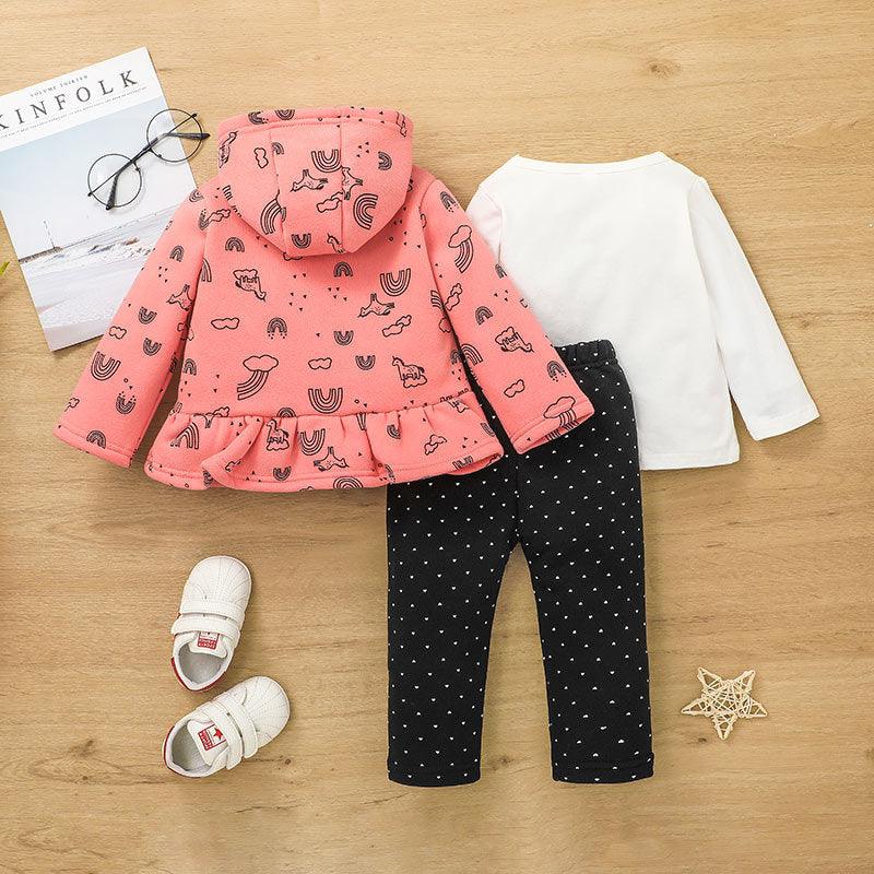 3PCS Toddler Girl Solid Color Printing T-shirt Hooded Jacket Pants Three Pieces - PrettyKid